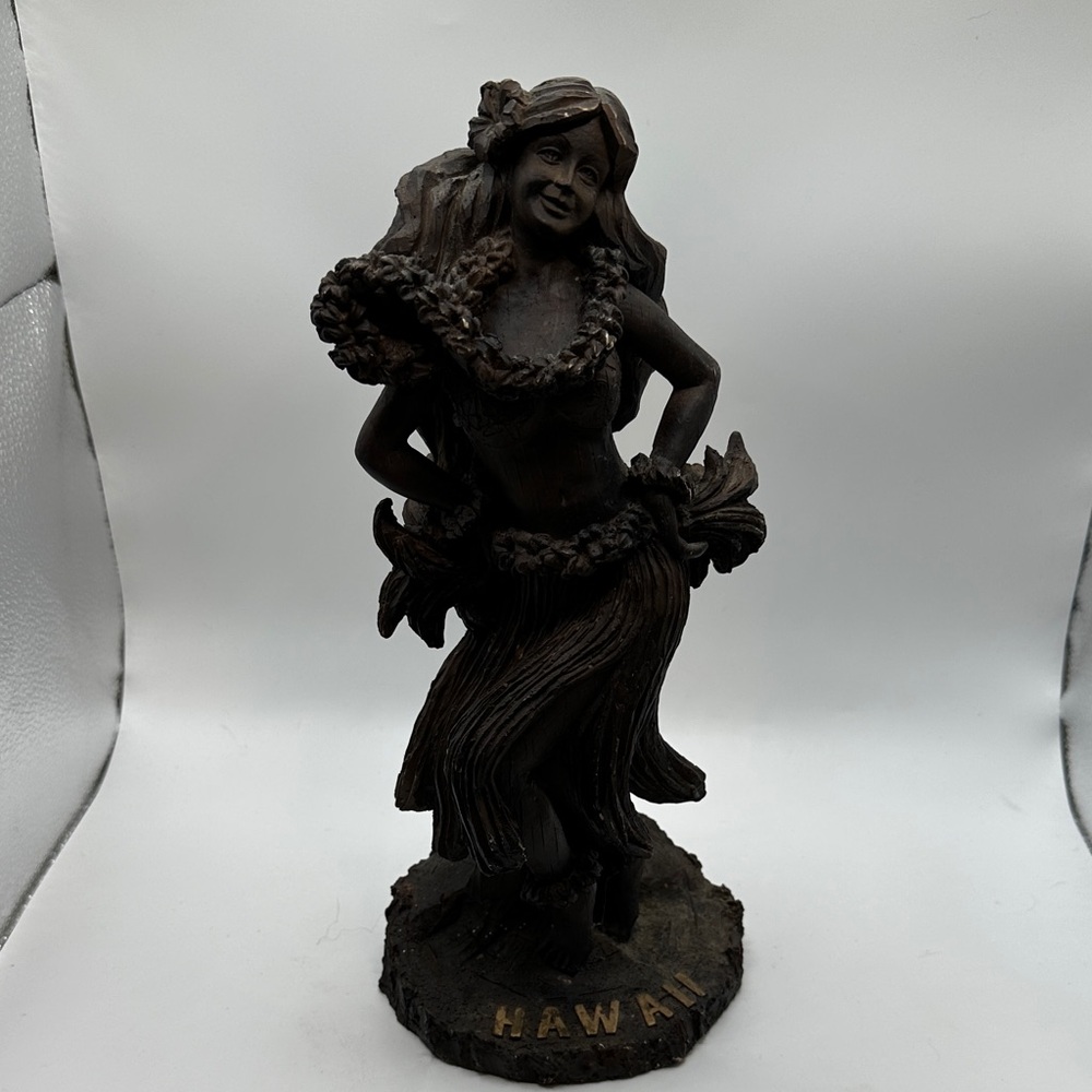 Hawaiian Hula Dancer Wood Resin Sculpture 11 1/4” tall